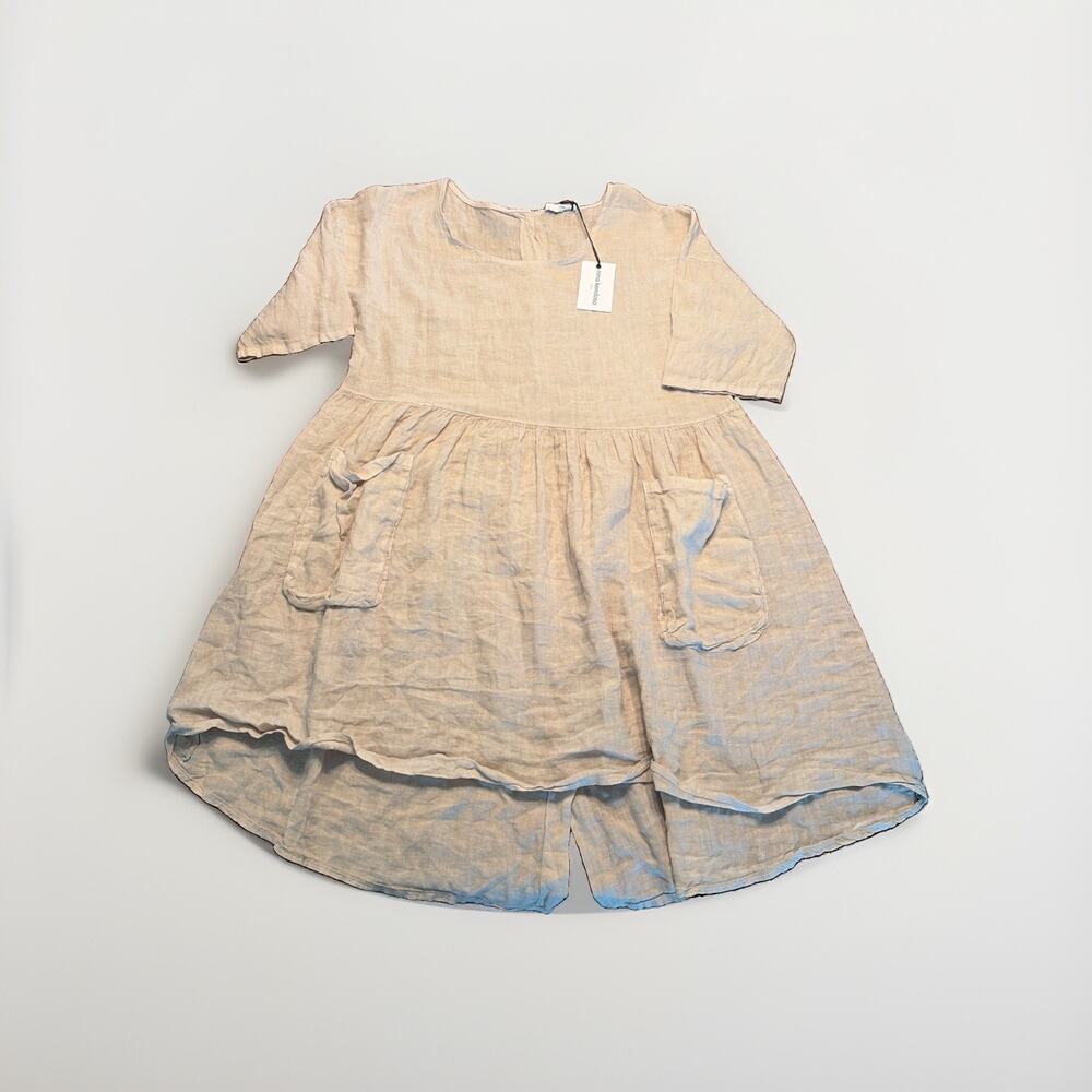 100% Linen Made In Italy Dress OS Short Babydoll Roll button Sleeves Pockets